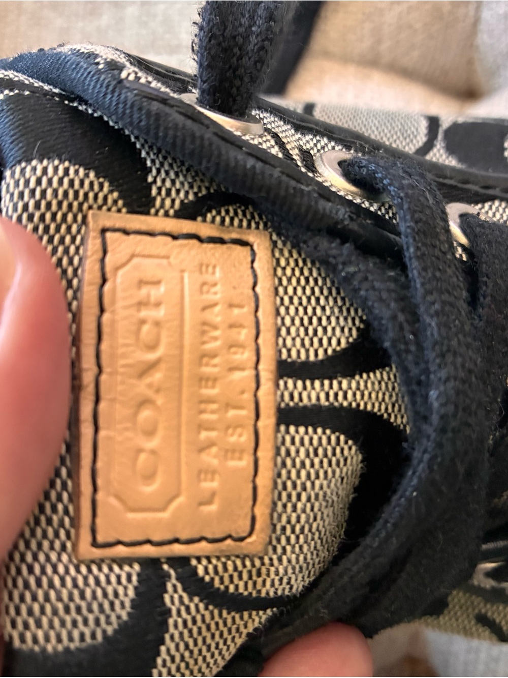 Coach Black Logo Canvas Sneaker with Tan Leather Patch Size 7 preppy fall